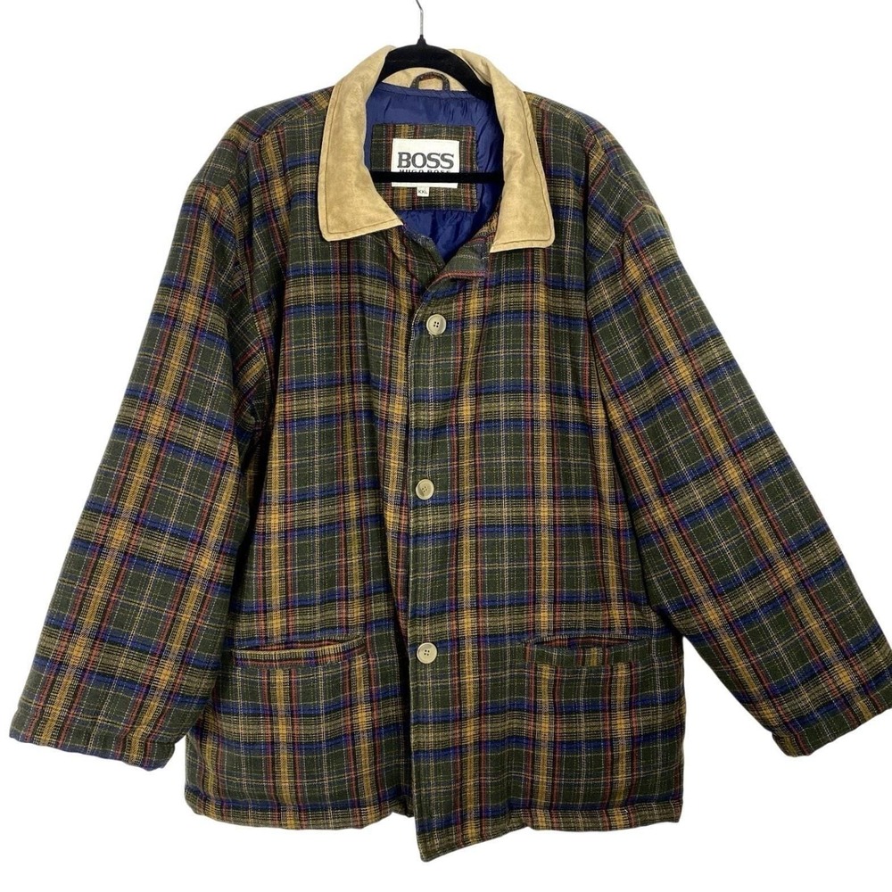 RARE Vtg Hugo Boss Mens 2X Quilted Flannel Jacket Insulated Chore Coat Button Up